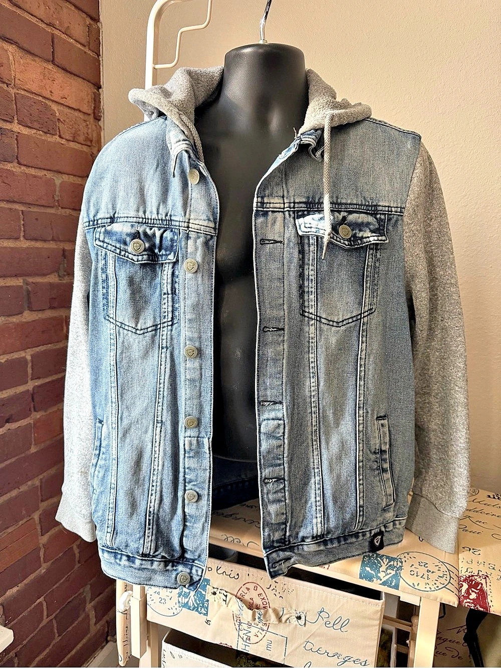 Encrypted Color Block Denim Hoodie Jacket Size Large